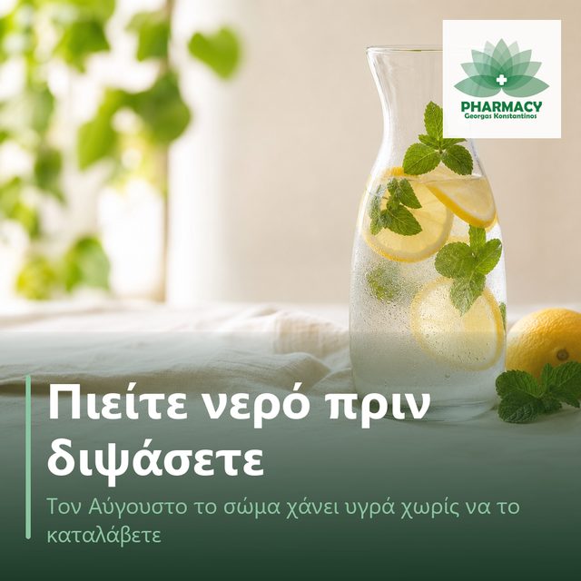 Γυάλινη καράφα με δροσερό νερό, φέτες λεμονιού και δυόσμο σε ανοιχτόχρωμο λινό τραπεζομάντηλο.