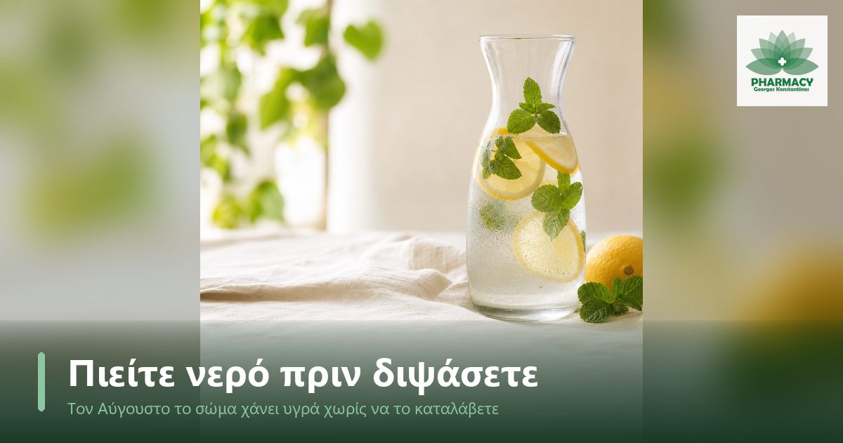 Γυάλινη καράφα με δροσερό νερό, φέτες λεμονιού και δυόσμο σε ανοιχτόχρωμο λινό τραπεζομάντηλο.