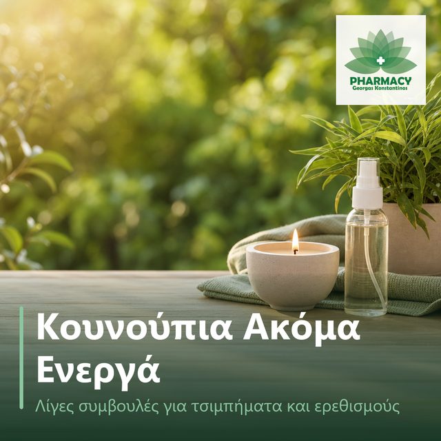 Φωτογραφία με ένα κερί σιτρονέλας και ένα μπουκαλάκι σπρέι χωρίς ετικέτα πάνω σε ξύλινο τραπέζι κήπου, με πράσινα φυτά στο βάθος σε ζεστό απογευματινό φως.