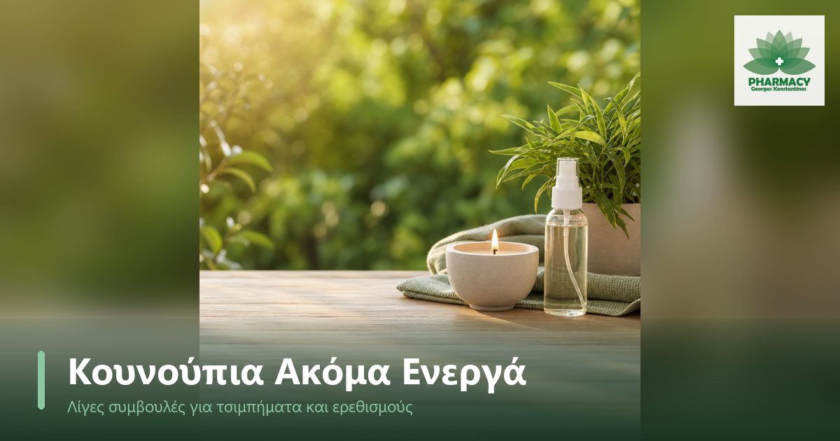 Φωτογραφία με ένα κερί σιτρονέλας και ένα μπουκαλάκι σπρέι χωρίς ετικέτα πάνω σε ξύλινο τραπέζι κήπου, με πράσινα φυτά στο βάθος σε ζεστό απογευματινό φως.