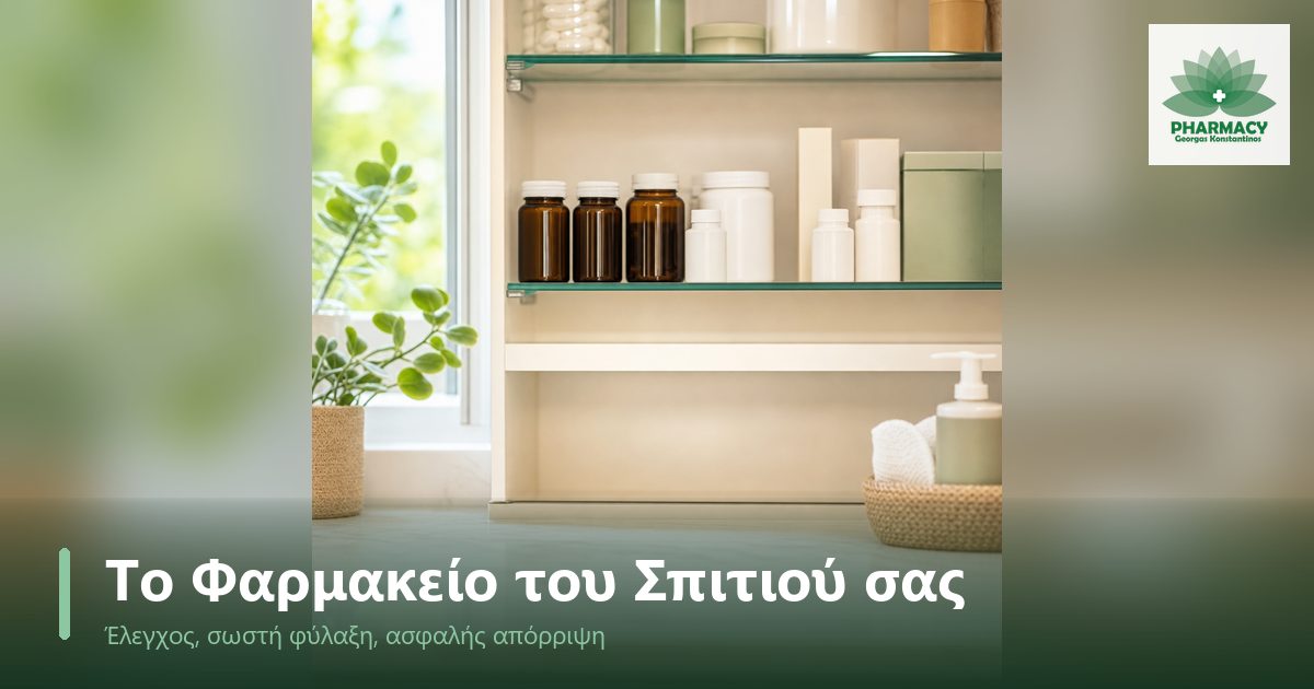 Τακτοποιημένο ντουλαπάκι φαρμακείου σπιτιού με μπουκαλάκια και κουτιά, σε απαλό φυσικό φως.
