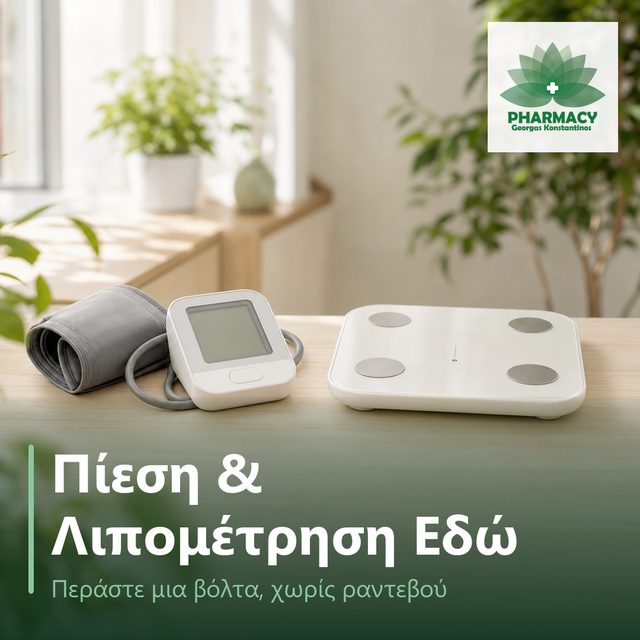 Ήρεμη φωτογραφία σε πράσινες και κρεμ αποχρώσεις με μια συσκευή μέτρησης πίεσης και μια ζυγαριά λιπομέτρησης πάνω σε ξύλινο τραπέζι, με κενό χώρο στο κάτω μέρος για κείμενο.