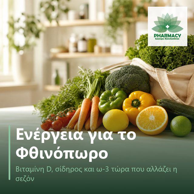 Φωτογραφία με φρέσκα λαχανικά και εσπεριδοειδή σε απαλό φυσικό φως, με άδειο χώρο στο κάτω μέρος για τίτλο, σε ήρεμη αισθητική φαρμακείου.
