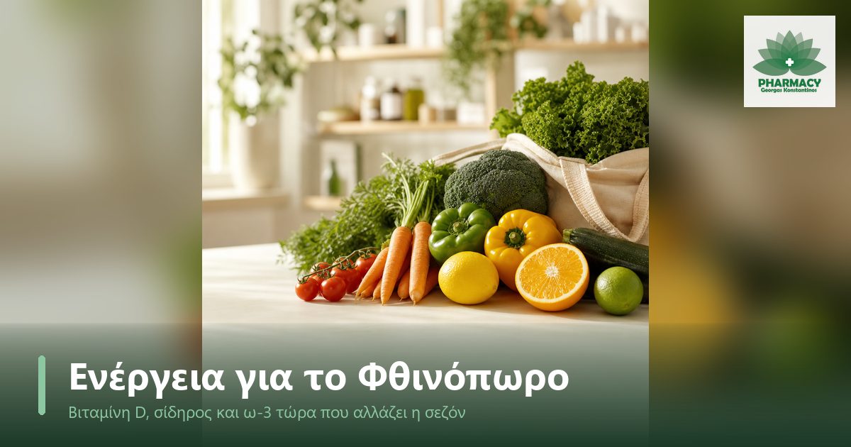 Φωτογραφία με φρέσκα λαχανικά και εσπεριδοειδή σε απαλό φυσικό φως, με άδειο χώρο στο κάτω μέρος για τίτλο, σε ήρεμη αισθητική φαρμακείου.