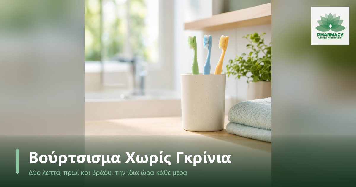 Τρεις μικρές πολύχρωμες οδοντόβουρτσες σε κεραμικό ποτήρι, πάνω σε ξύλινο ράφι μπάνιου με διπλωμένη πετσέτα και ένα μικρό πράσινο φυτό, σε απαλό πρωινό φως.