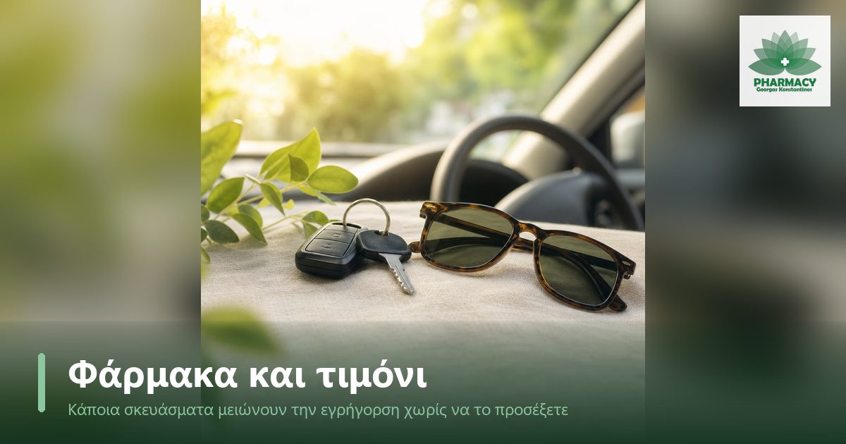 Κλειδιά αυτοκινήτου και γυαλιά ηλίου σε ανοιχτόχρωμη λινή επιφάνεια, με θολό τιμόνι στο βάθος σε πρωινό φως.