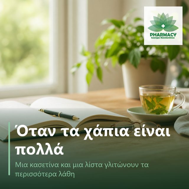 Ανοιχτό σημειωματάριο με στυλό, γυαλιά πρεσβυωπίας και φλιτζάνι τσάι σε ξύλινο τραπέζι κουζίνας με πρωινό φως.