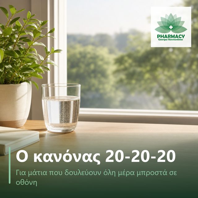 Τακτοποιημένο ξύλινο γραφείο δίπλα σε φωτεινό παράθυρο, με μικρό πράσινο φυτό και ποτήρι νερό.