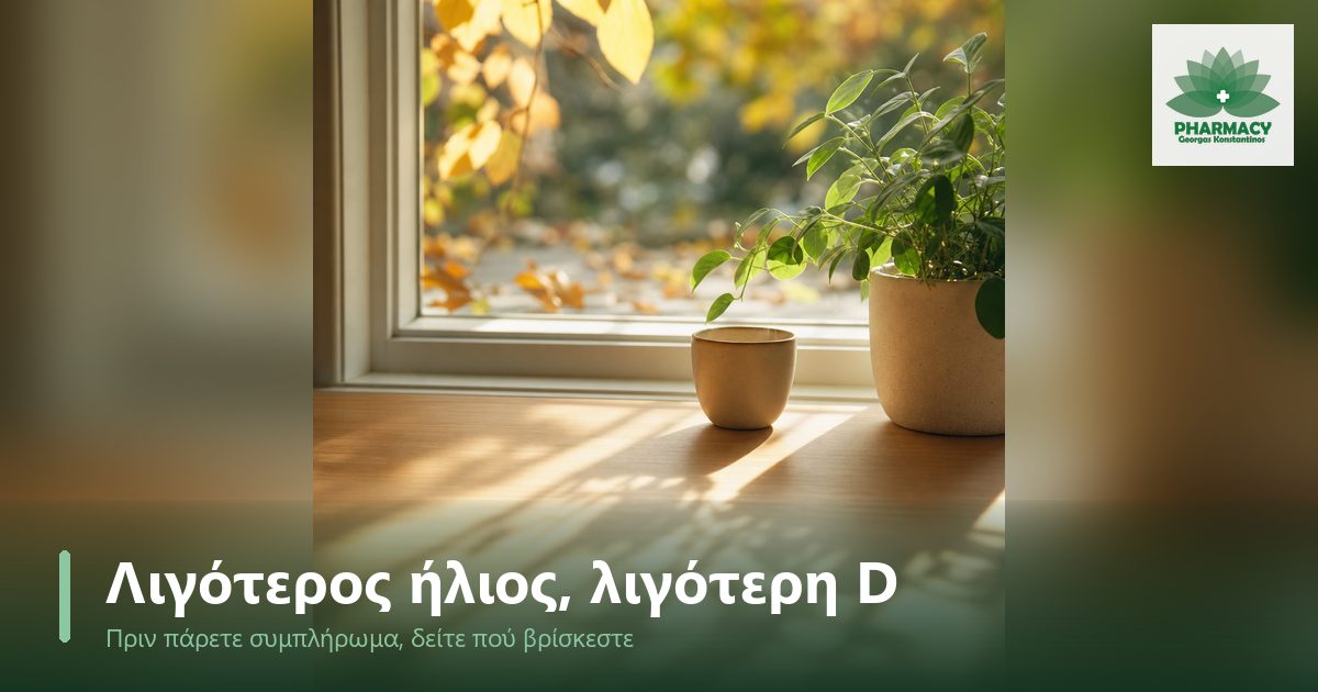 Χαμηλό φθινοπωρινό φως μπαίνει από παράθυρο σε ξύλινο τραπέζι με φυτό και κεραμικό φλιτζάνι.