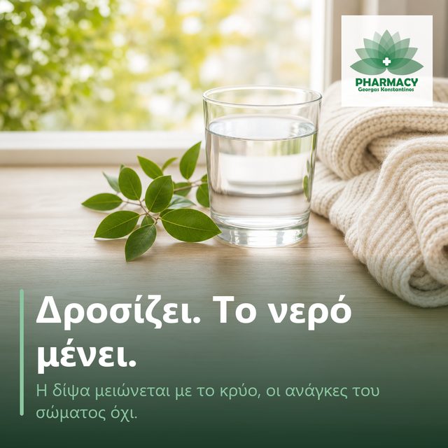 Ένα διάφανο ποτήρι νερό και ένα κλαδάκι με πράσινα φύλλα πάνω σε ανοιχτόχρωμο ξύλινο τραπέζι, δίπλα σε μια κρεμ πλεκτή κουβερτούλα, με απαλό φως φθινοπωρινού πρωινού.