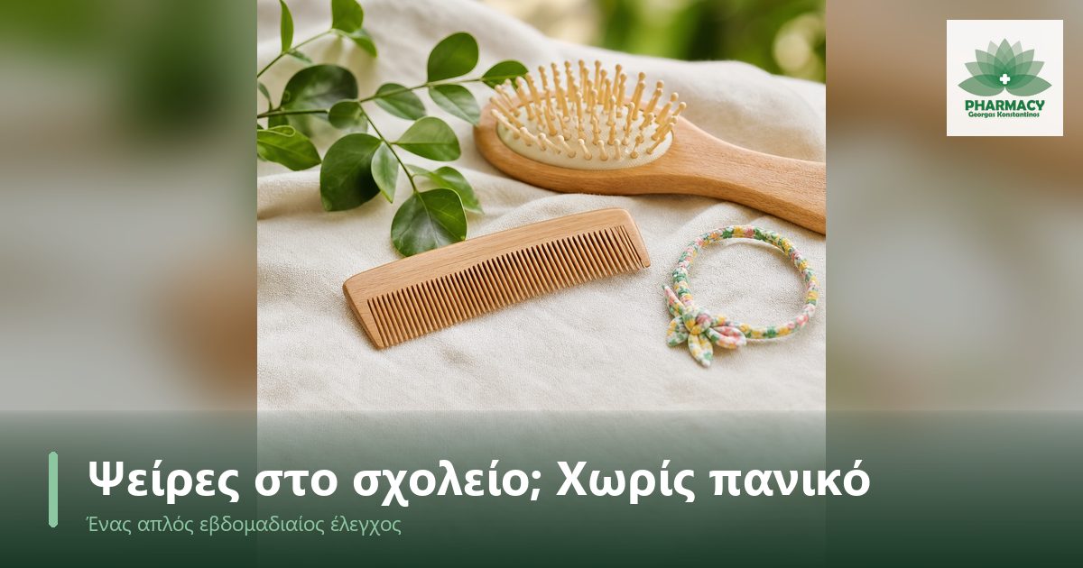 Μια λεπτή ξύλινη χτένα και μια μικρή βούρτσα μαλλιών με ένα χρωματιστό λαστιχάκι πάνω σε κρεμ υφασμάτινη επιφάνεια.